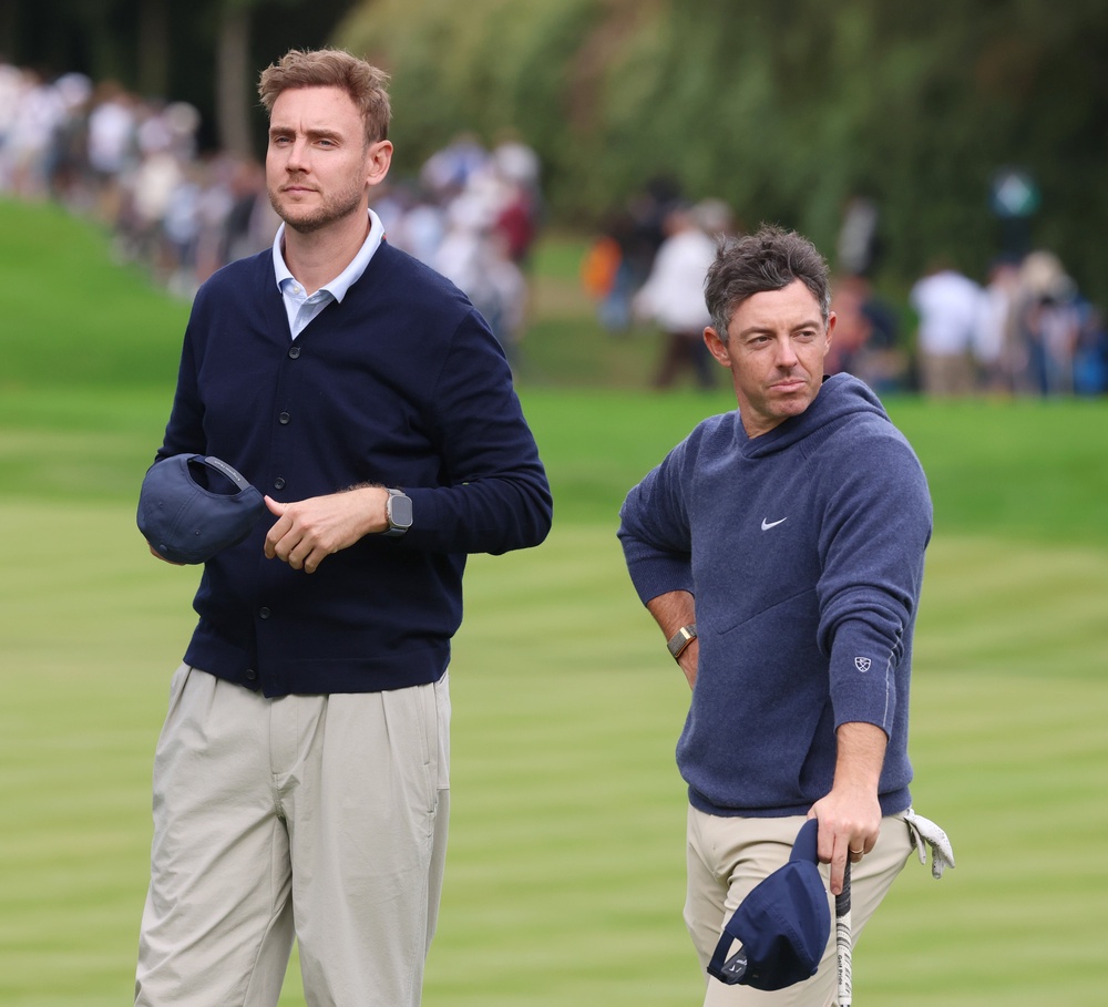 Stuart Broad and Rory McIlroy of Northern Ireland look on during the Pro-Am prior to the BMW PGA Championship at Wentworth Golf Club (Getty)