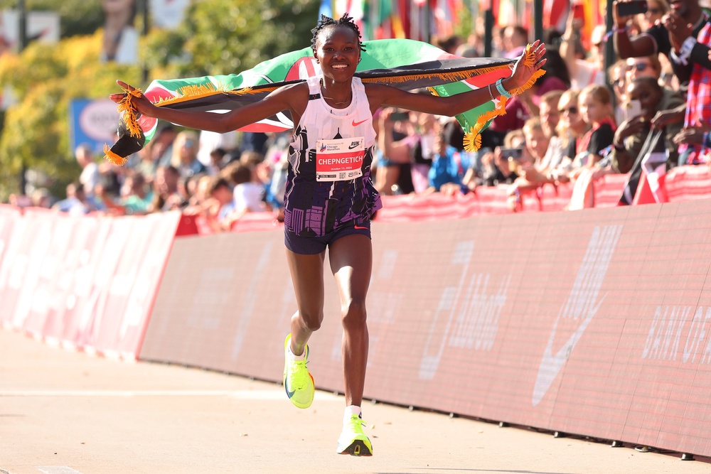 Ruth Chepngetich celebrates after crossing the finish line to win the 2024 Chicago Marathon (Getty)