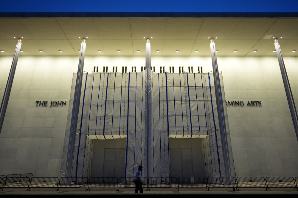 Scaffolding and tarp are still covering the Kennedy Center’s entrance after a judge previously ordered the venue to remove Trump’s name plates this summer (AP)