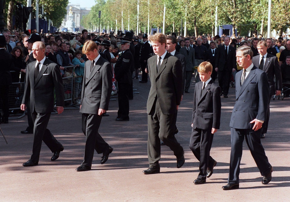 The then Duke of Edinburgh, William, Earl Spencer, Harry and Charles during the funeral procession to Westminster Abbey (Tony Harris/PA) (PA Archive)