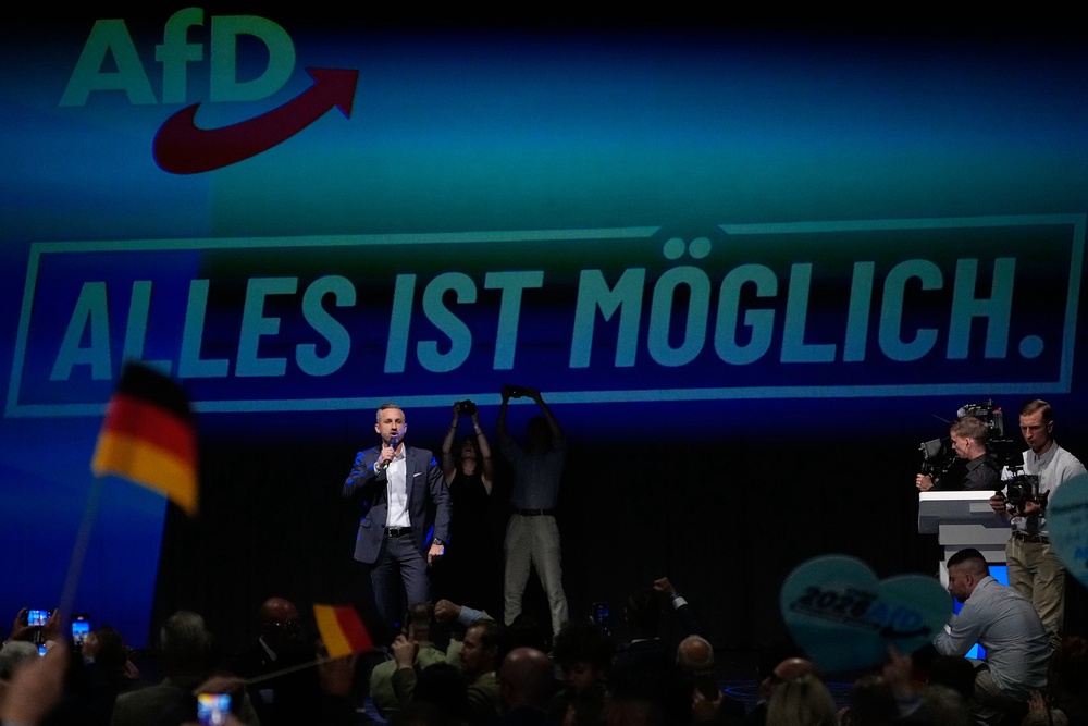 The AfD’s Ulrich Siegmund on stage after the Saxony-Anhalt state elections in Magdeburg (AP)