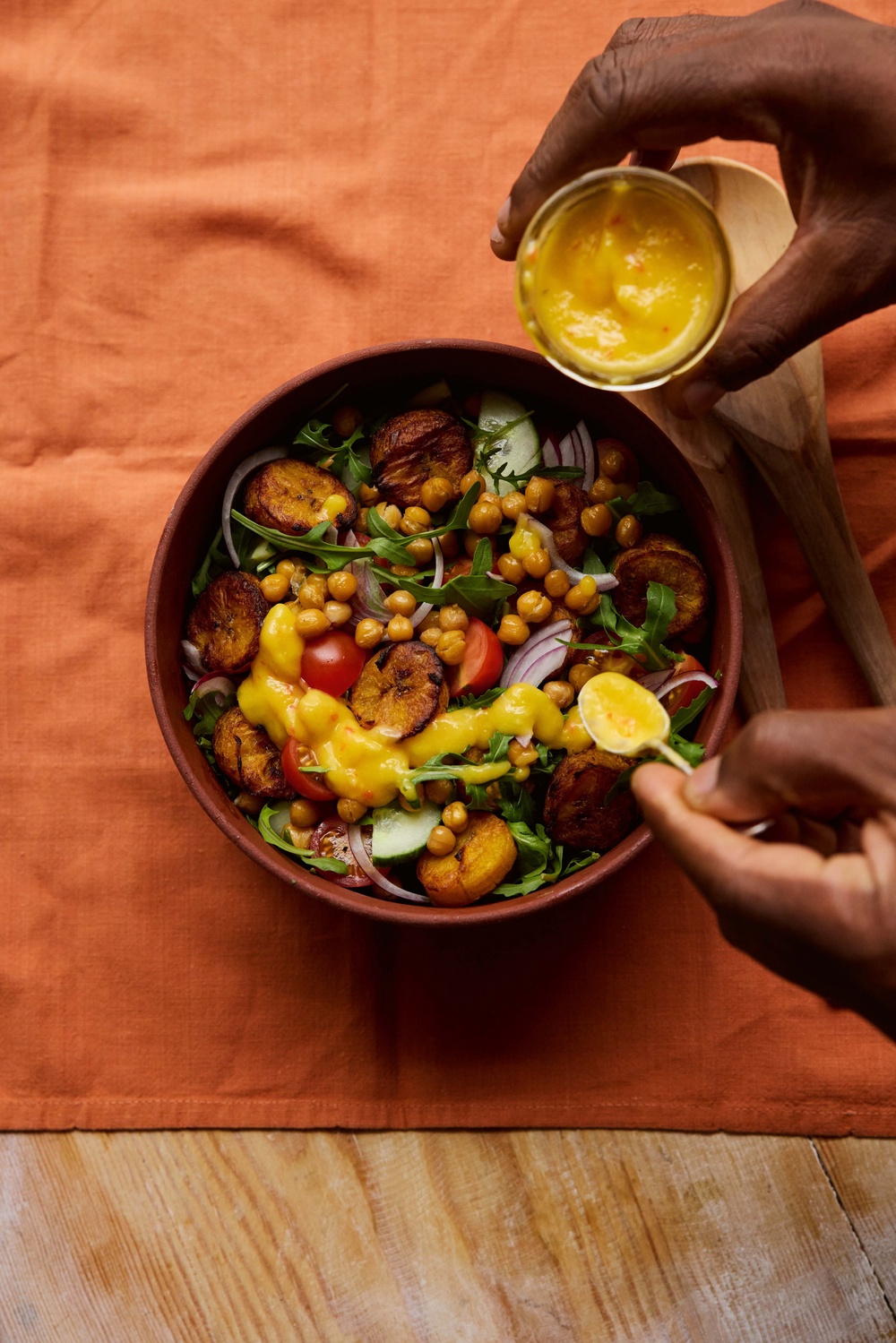 Roasted plantain and chickpea salad with a sharp mango-lime dressing (Matt Russell)