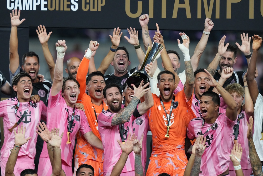 Lionel Messi celebrates winning the Copa Campeones with Inter Miami (AP)