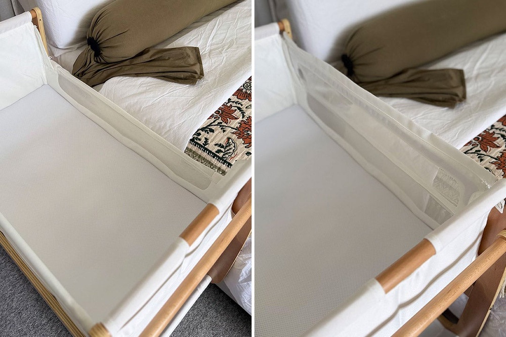 The side of the cot can be zipped up or down to give you easy access to the baby (Sarah Jones/The Independent)