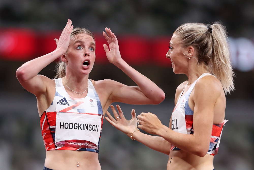 Alex Bell reacts after Keely Hodgkinson won silver at the Tokyo Games (Getty)