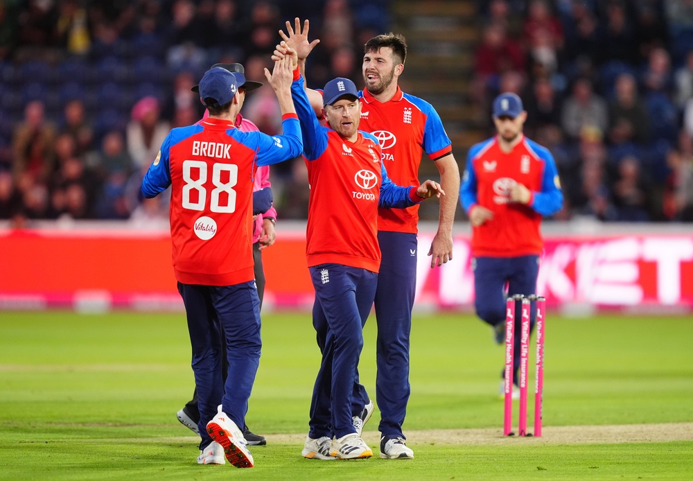 High fives all round as Jamie Overton (right) celebrates with Liam Dawson (centre) and Harry Brook after taking the wicket of Sri Lanka’s Pathum Nissanka in Cardiff (David Davies/PA) (PA Wire)