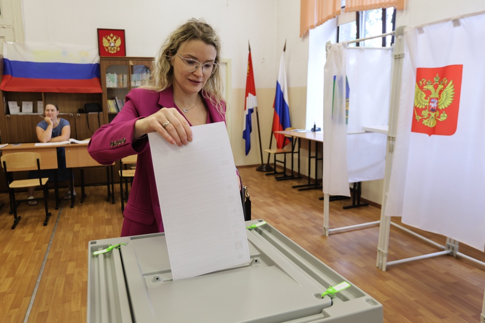 A woman casts her ballot in the parliamentary election in Vladivostok, Russia, Friday, Sept. 18, 2026. (AP Photo) (AP)
