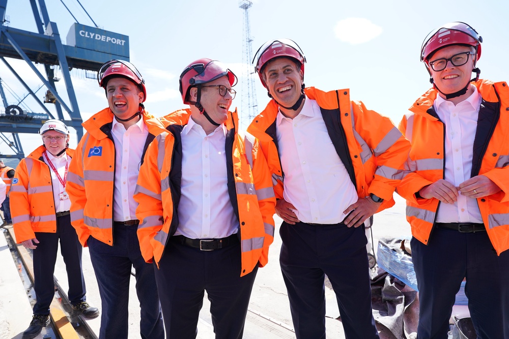 (second left to right) Anas Sarwar, Sir Keir Starmer, Ed Miliband and Martin McCluskey at the Port of Greenock while on the general election campaign trail in 2024 (Stefan Rousseau/PA) (PA Archive)