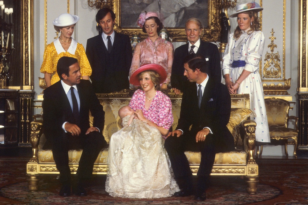 The Prince and Princess of Wales with Prince William at his christening on August 4 1982. Also pictured are William’s godparents (seated) ex-King Constantine of Greece, (standing, from left) Princess Alexandra, Lord Romsey, Lady Hussey, Sir Laurens van der Post and the Duchess of Westminster (PA) (PA Archive)