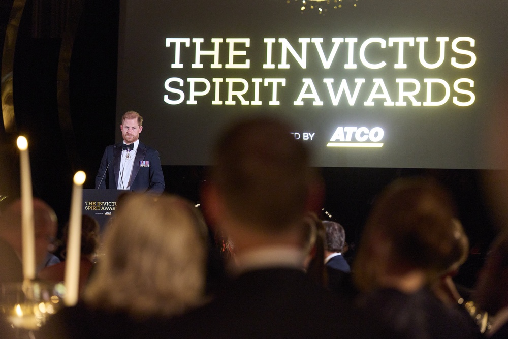 The Duke of Sussex giving a speech at the Invictus Spirit Gala Dinner & Awards 2026 at the Royal Naval College, Greenwich (David Levene/Invictus Games Foundation/PA) (PA Media)