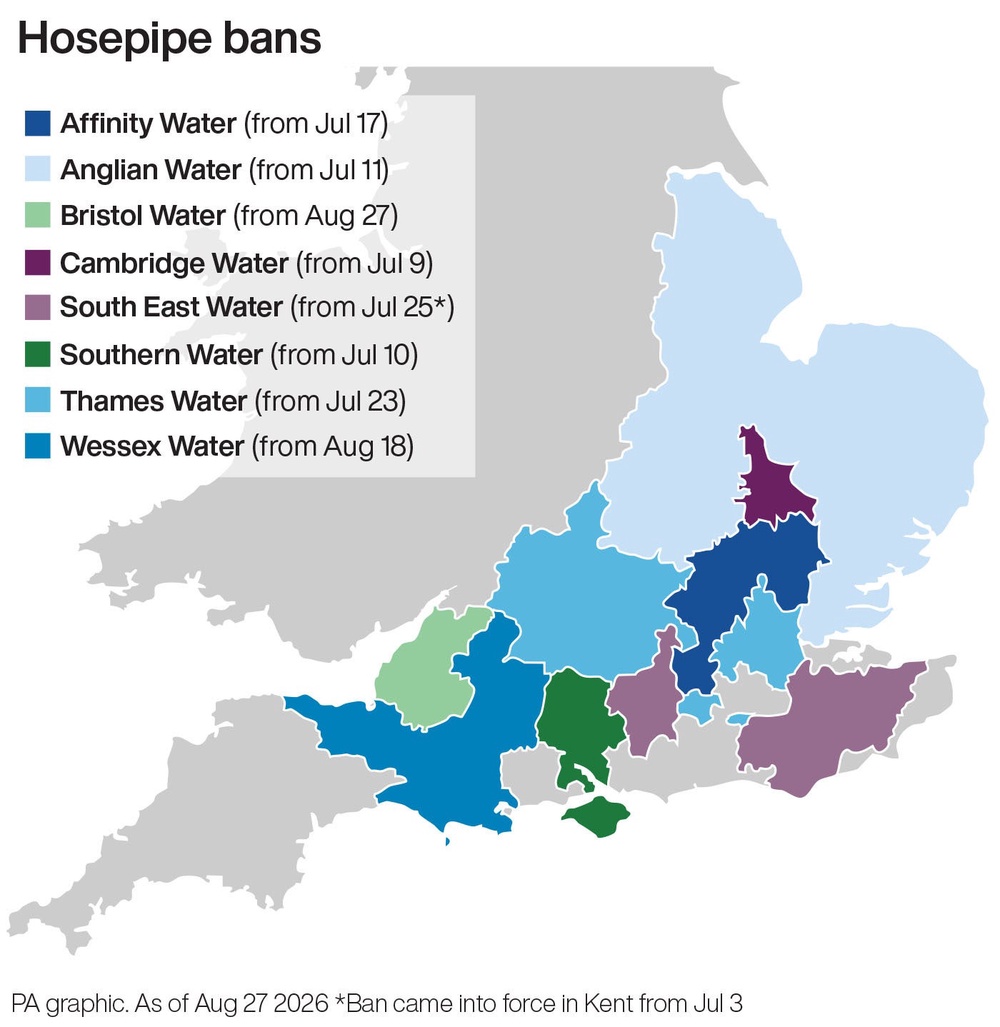 Hosepipe bans in England (PA graphic) (PA Graphics)