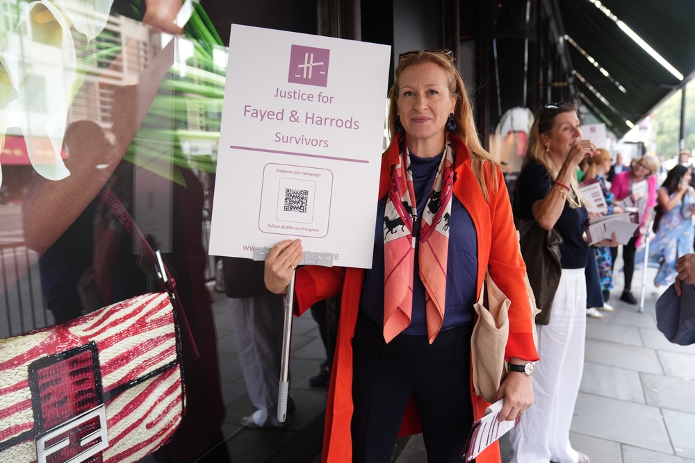 Survivor Cheska Hill-Wood joins other survivors of abuse at the hands of Mohamed Al Fayed during a protest outside Harrods (Ben Whitley/PA credit) (PA Wire)