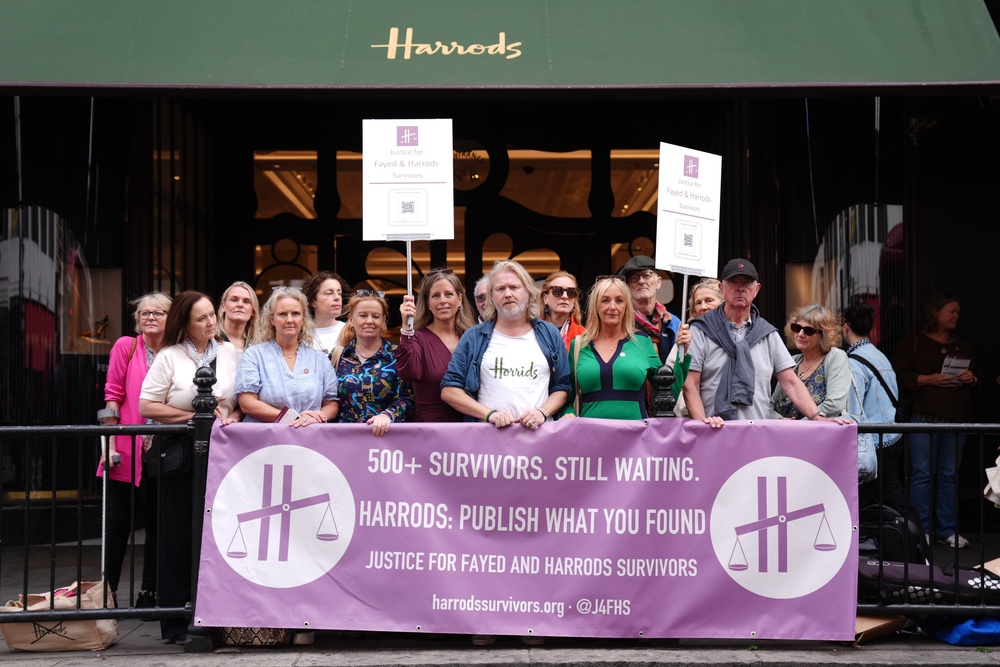 Survivors of abuse at the hands of billionaire Harrods owner Mohamed Al Fayed and their supporters protest outside Harrods in London (Ben Whitley/PA credit) (PA Wire)