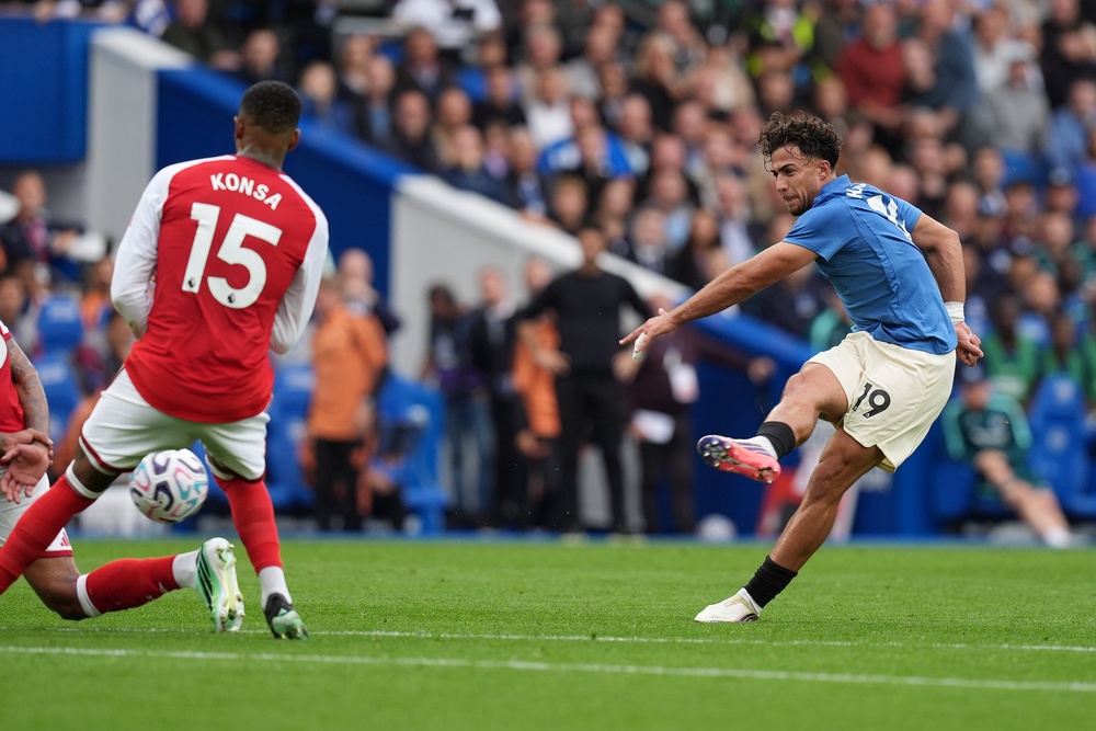 Charalampos Kostoulas fires home Brighton’s second goal (Gareth Fuller/PA)