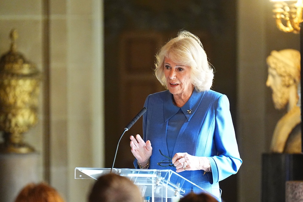 Queen Camilla giving a speech in the Painted Hall during the Queen’s Reading Room Festival (PA)
