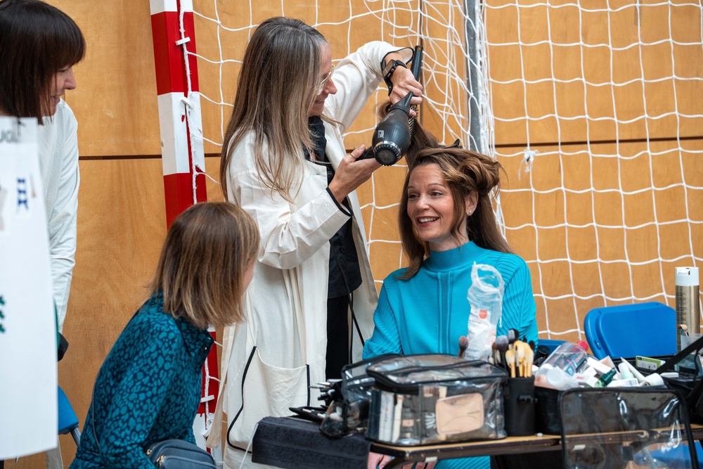 Lady Victoria Starmer has her hair prepared at the Edeline Lee show (Jeff Moore/PA)