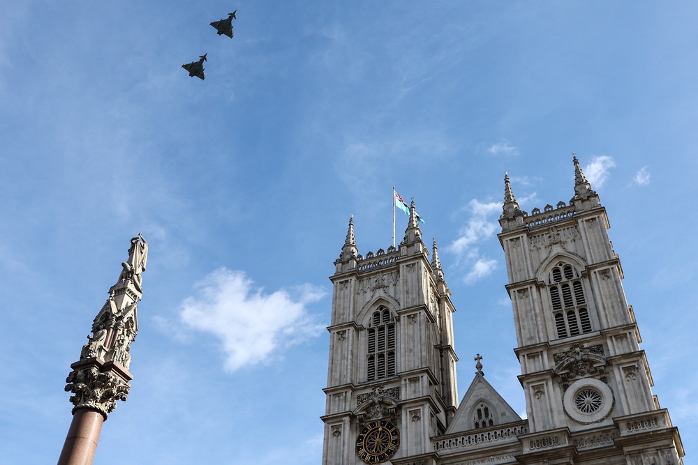 Two RAF Typhoon fighter jets flew past the abbey after the service (Peter Nicholls/PA) (PA Wire)