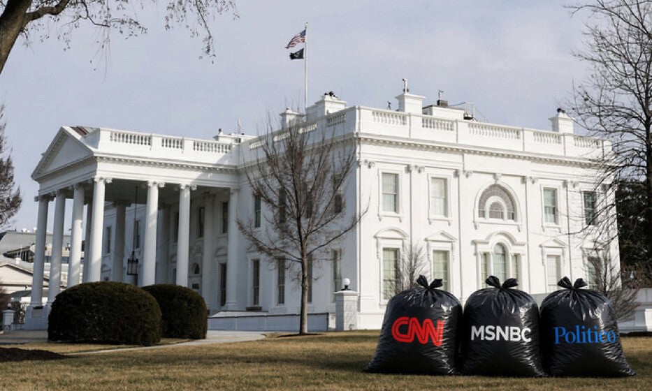 Trash bags labeled CNN, MSNBC and Politico sit outside the White House in an AI-generated image posted by Trump on social media on Sunday, September 20, 2026 (Truth Social/@realDonaldTrump)