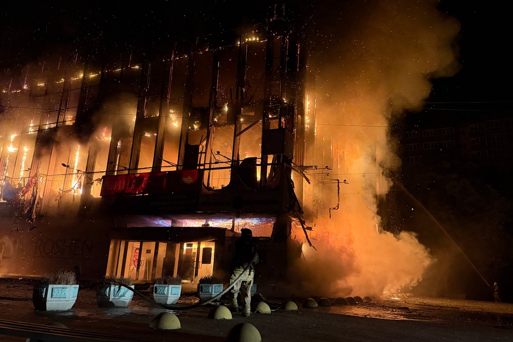 Ukrainian firefighters extinguish a fire at a building of Zaporizhzhia National University following a Russian drone strike in Zaporizhzhia on 21 September 2026 (AFP/Getty)
