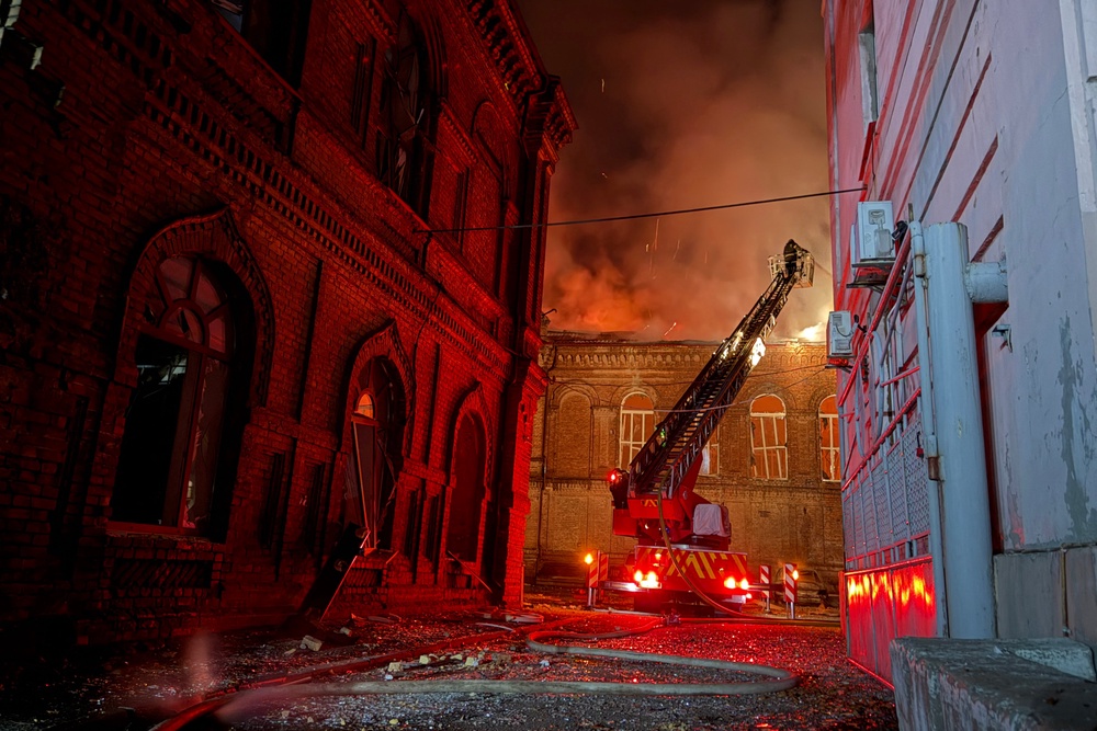 Ukrainian firefighters extinguish a fire at a building of Zaporizhzhia National University following a Russian drone strike in Zaporizhzhia on 21 September 2026 (AFP/Getty)