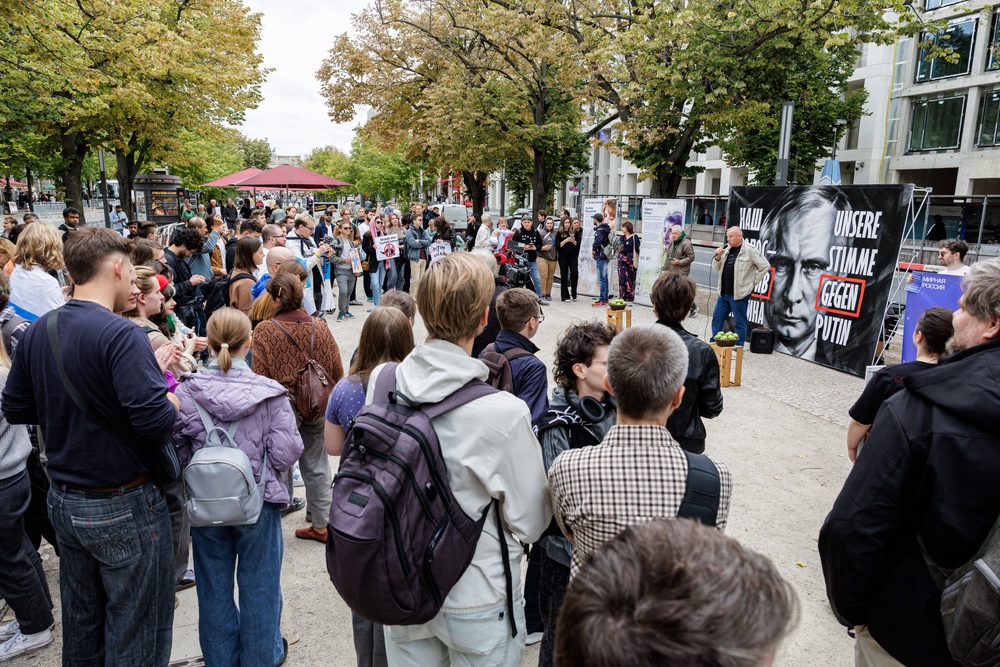 Demonstrators gather outside the Embassy of the Russian Federation in Berlin, Germany to protest the vote (AFP/Getty)