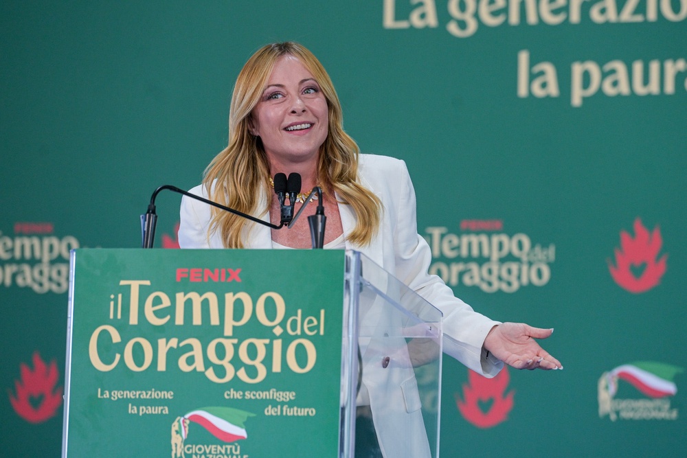 Italy's Prime Minister Giorgia Meloni attends at Fenix, the FdI youth festival, in Rome. (AP)