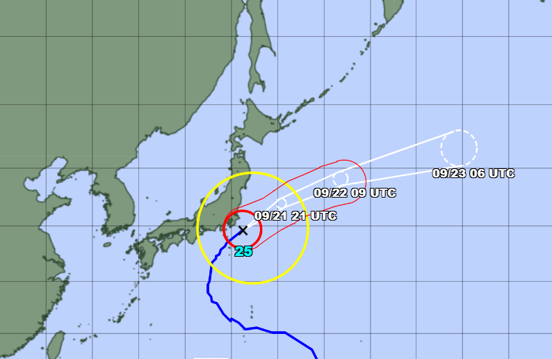 Projected path and arrival time of Typhoon Dujuan (Japan Meteorological Agency)