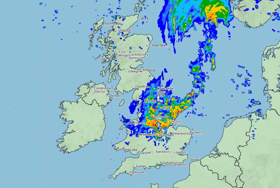 A large patch of rain will pass over southern Scotland and northern England on Wednesday (Met Office)