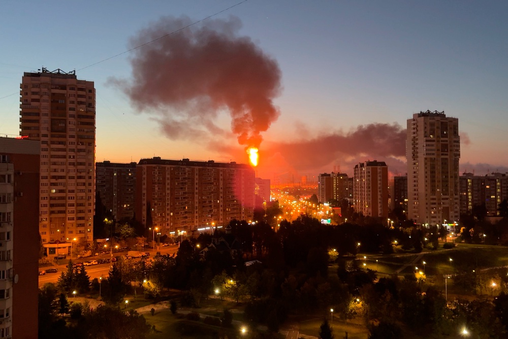 Flame and smoke is seen rising from Moscow's oil refinery in the south east of the city following a largescale Ukrainian drone attack, Sunday, Sept. 20, 2026 (AP)
