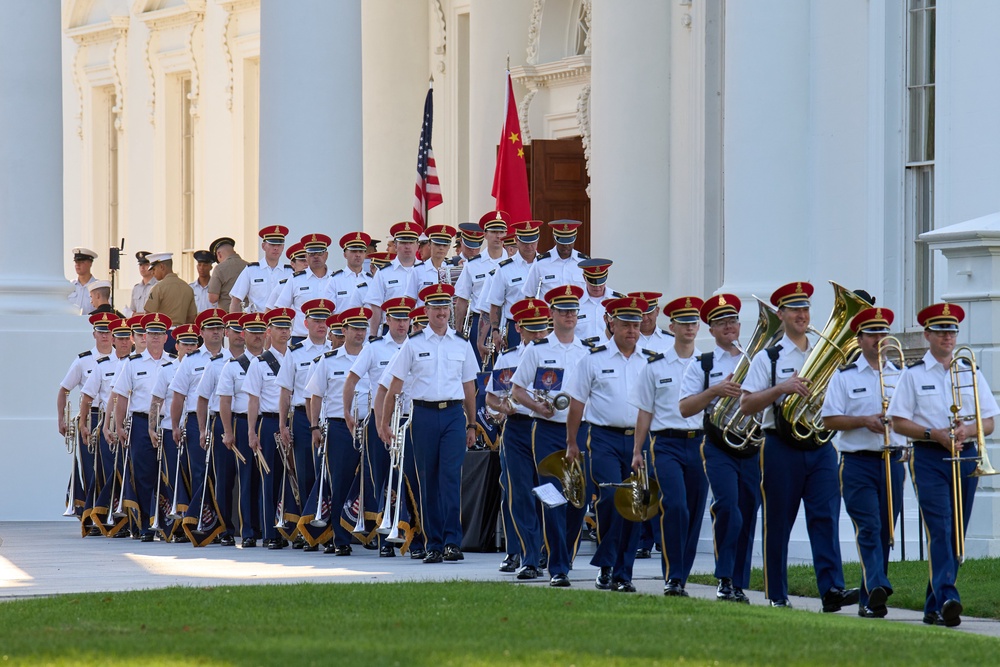 A military band walks during rehearsals ahead the State Visit by China's President Xi Jinping, at the White House, Wednesday 16 Sept 2026, in Washington (AP)