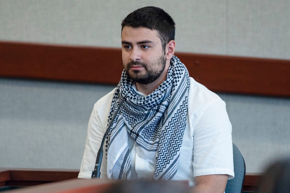 Kinnan Abdalhamid testifies in court during Jason Eaton's trial (Glenn Russell/VTDigger via AP)