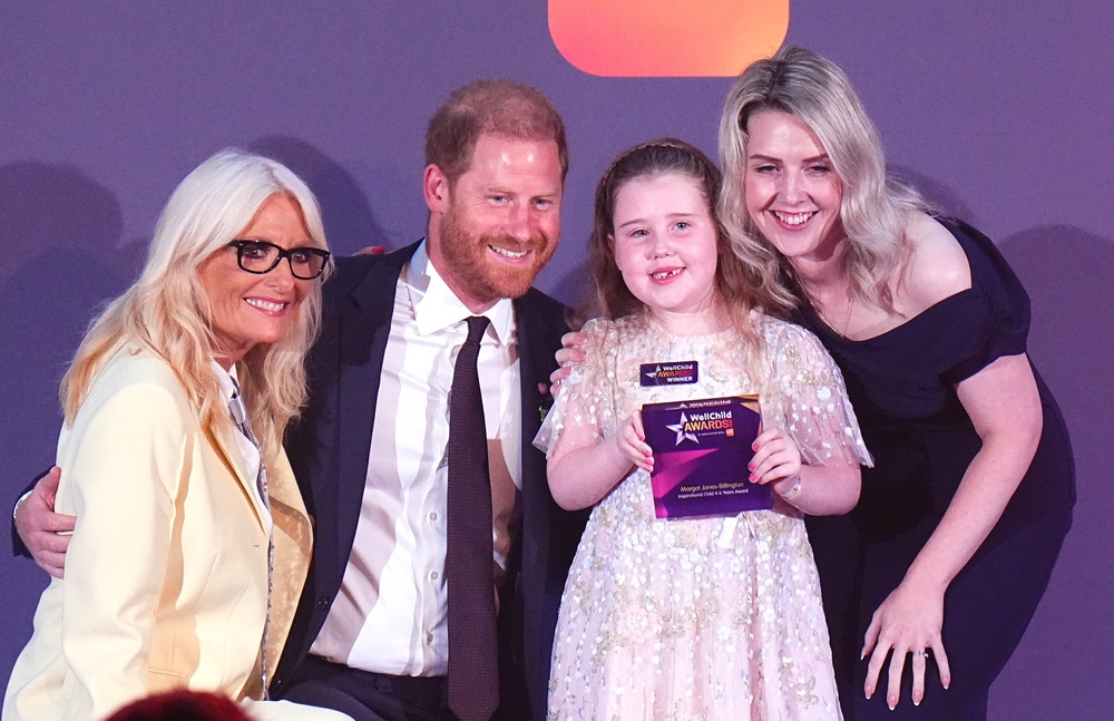 The Duke of Sussex and Gaby Roslin (left) with the Inspirational Child 4-6 award winner, Margot Jones-Billington during the WellChild Awards 2026 (Aaron Chown/PA) (PA Wire)