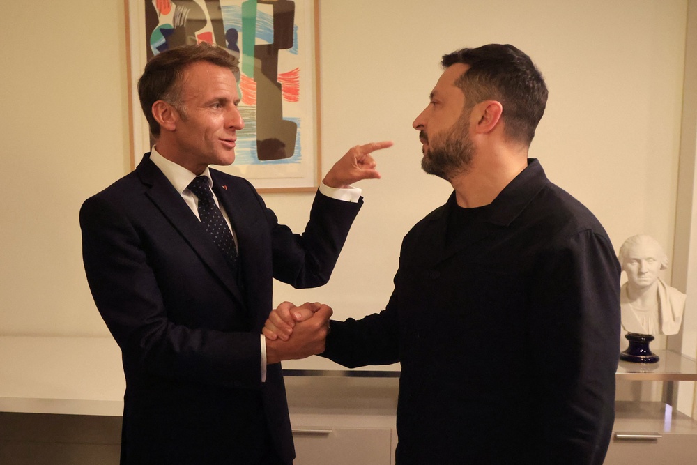 France's President Emmanuel Macron meets with Ukraine's President Volodymyr Zelensky (R) on the sidelines of the 81st United Nations General Assembly in New York City (AFP/Getty)