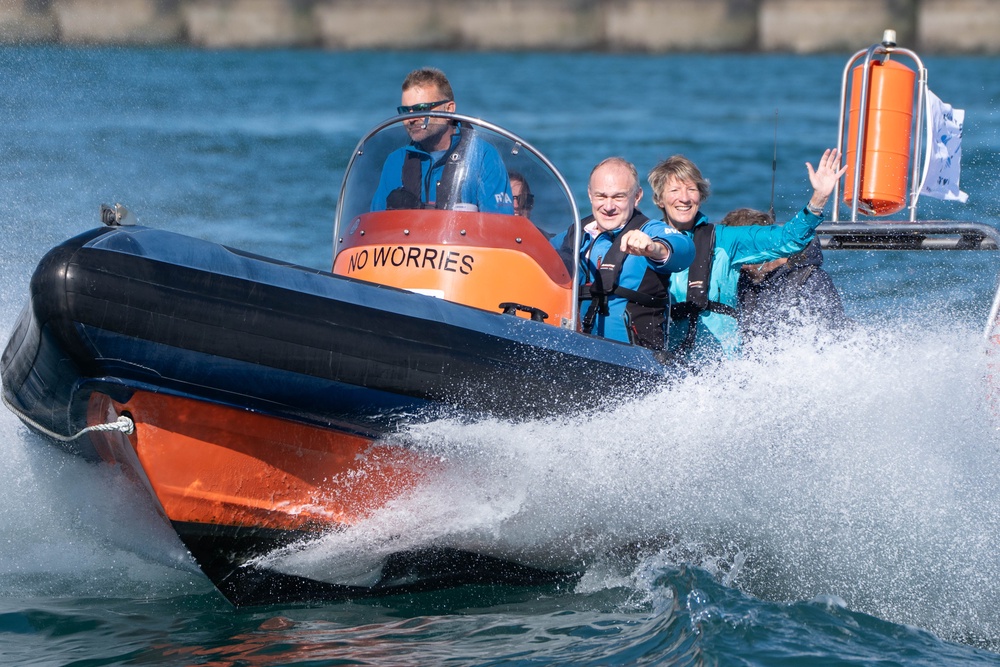 Liberal Democrat leader Sir Ed Davey (second right) and energy spokeswoman Pippa Heylings (right) travel in a speed boat to visit Rampion wind farm (Stefan Rousseau/PA) (PA Wire)