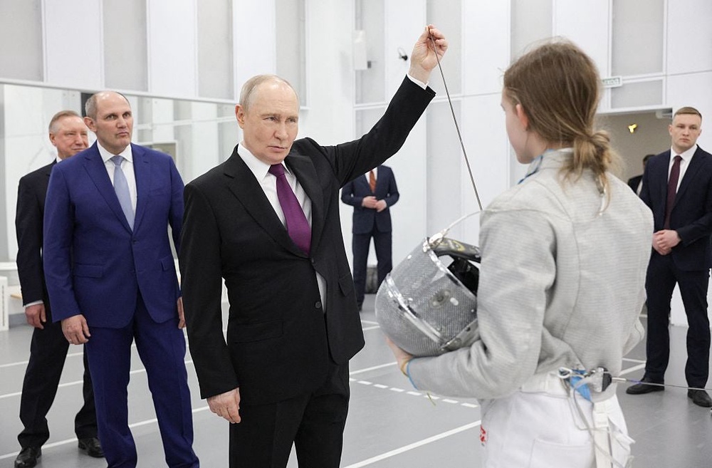 Russia's President Vladimir Putin visits a multifunctional sports complex of the Anatoly Rakhlin Olympic Reserve Sports School in Saint Petersburg on April 27, 2026 (POOL/AFP via Getty Images)