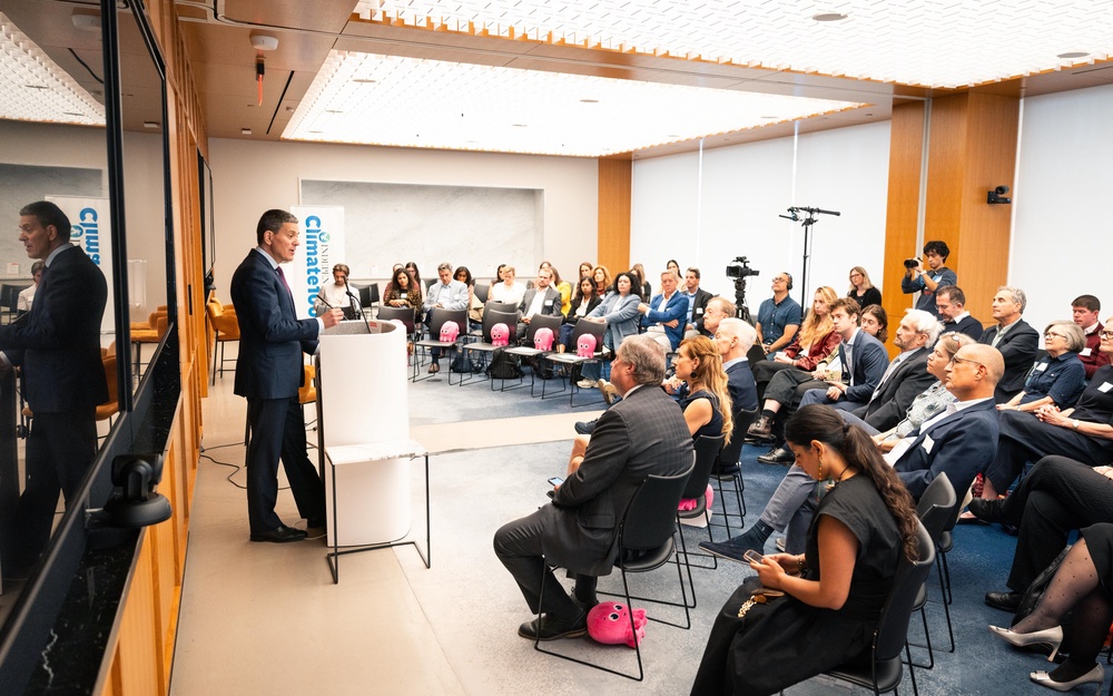 Miliband speaks to Climate 100 event attendees on September 22, 2026, in New York City. He said that the countries in need for climate adaptation receive the least support (Juan M Soria)