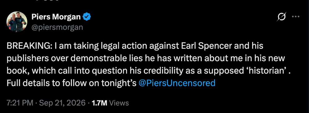 Piers Morgan questions Earl Spencer's credibility as new memoir is released (X/Twitter)