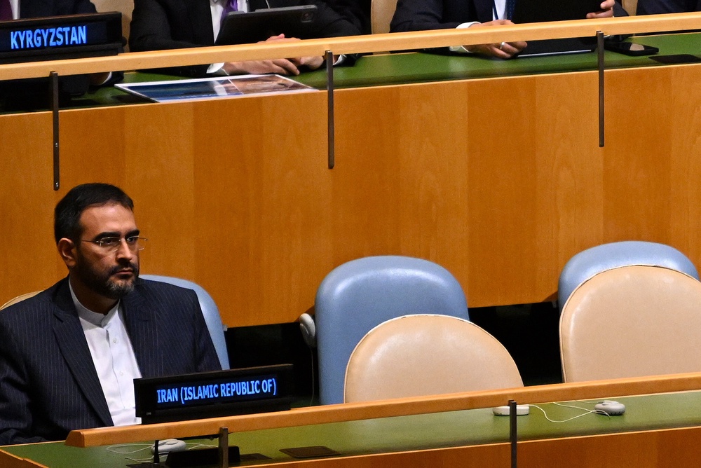 Empty seats in the Iran delegation are seen as Trump gives his speech (Getty Images)