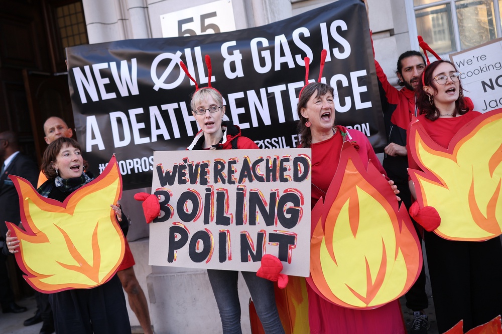 Fossil Free London activists protesting new oil and gas projects ahead of an expected decision on plans for the Rosebank oil field and Jackdaw gas field (Getty)