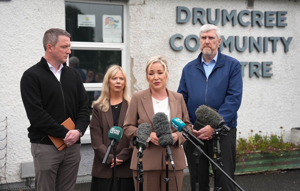 (Left to right) Sinn Féin MP John Finucane, councillor Catherine Nelson, First Minister Michelle O’Neill and MLA John O’Dowd (Niall Carson/PA) (PA Wire)