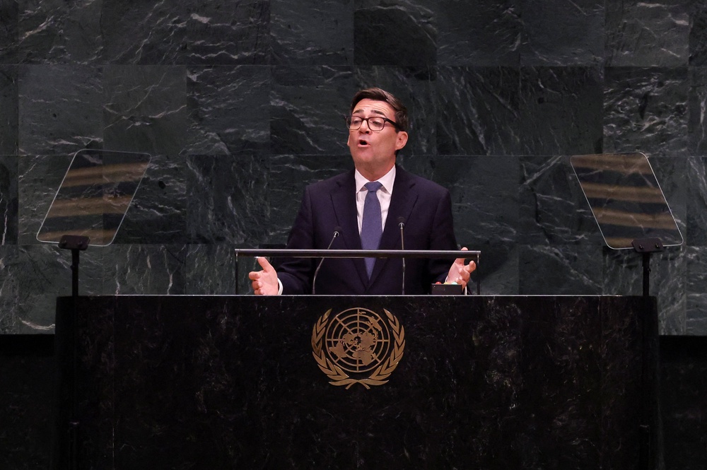 Prime Minister Andy Burnham delivers a speech at the United Nations General Assembly in New York during his visit to the US (Toby Melville/PA) (PA Wire)