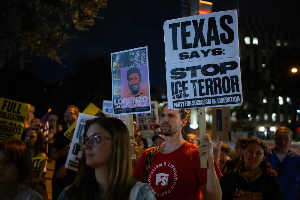 People protest outside the Texas State Capitol in Austin, Texas, on September 21, 2026, a day after a Venezuelan national was shot and wounded during a US Immigration and Customs Enforcement (ICE) operation (AFP/Getty)