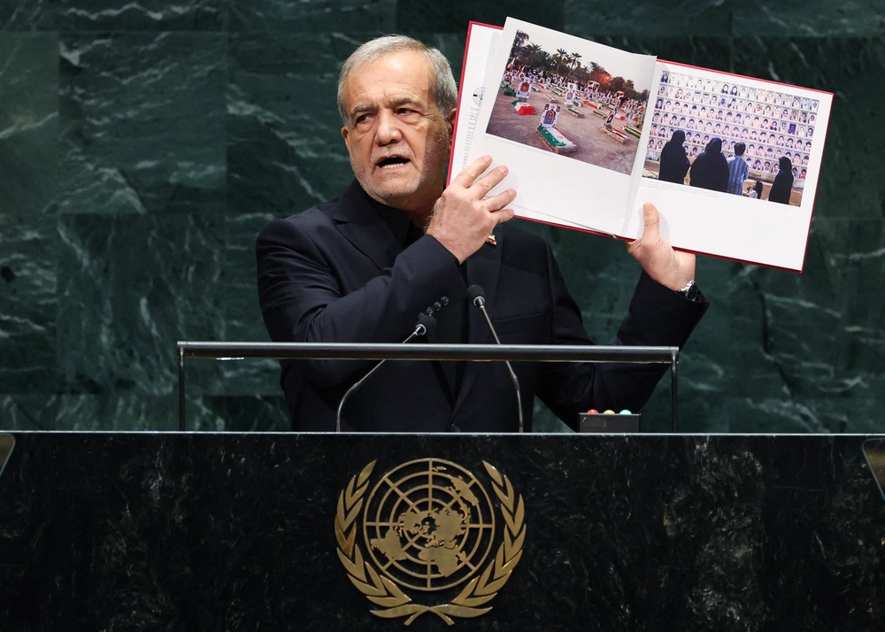 Iran's President Masoud Pezeshkian speaks during the 81st United Nations General Assembly (AFP via Getty Images)