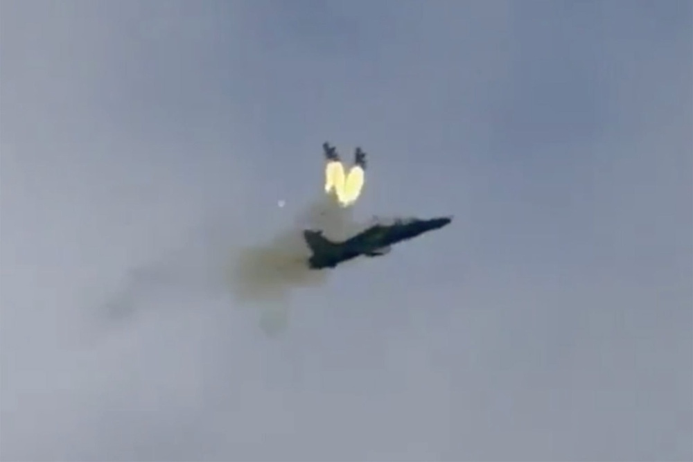 A video of the crash shared on social media appears to show the two pilots ejecting from the aircraft before it nosedives and crashes in flames (John Heyworth/Facebook)