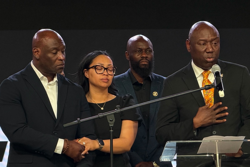 Ben Crump, right, an attorney for the family of Nolan Wells, speaks at a news conference in Stonecrest, Ga., Thursday, Sept. 22, 2026, accompanied by Wells' parents, Elmore and Christine Wonsley (Copyright 2026 The Associated Press. All rights reserved)