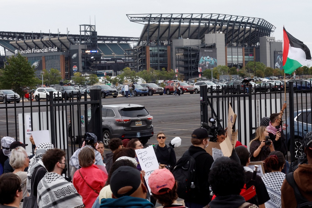 Pro-Palestine protests take place outside Lincoln Financial Field in Philadelphia, Pennsylvania, on 19 September ahead of one of Sheeran’s concerts (Reuters)