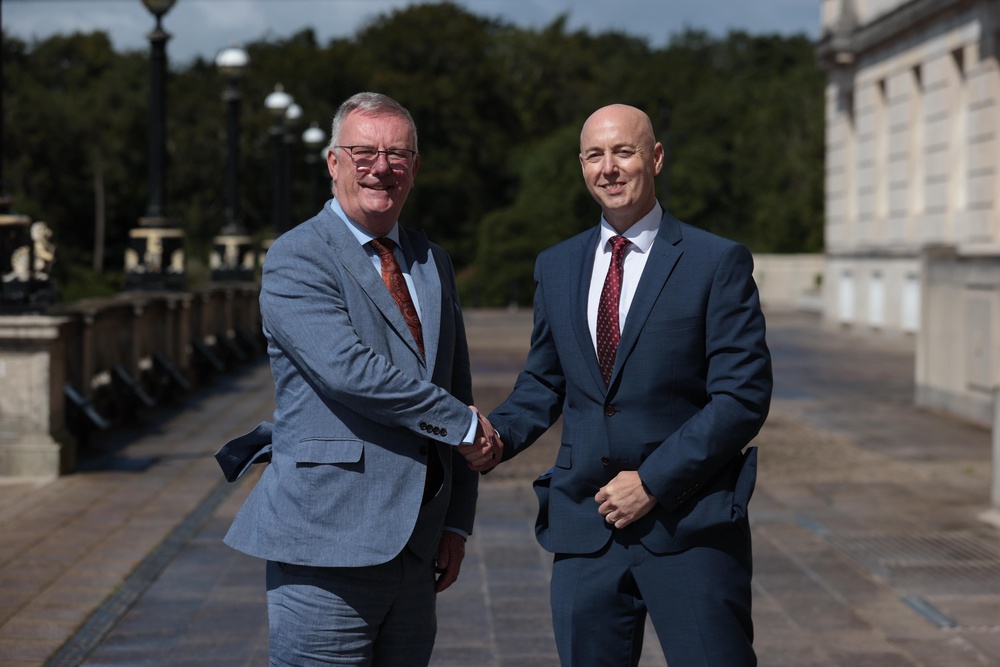 Jon Burrows (right), as a new Ulster Unionist MLA for North Antrim, with UUP leader Mike Nesbitt in August 2025 (PA) (PA Archive)