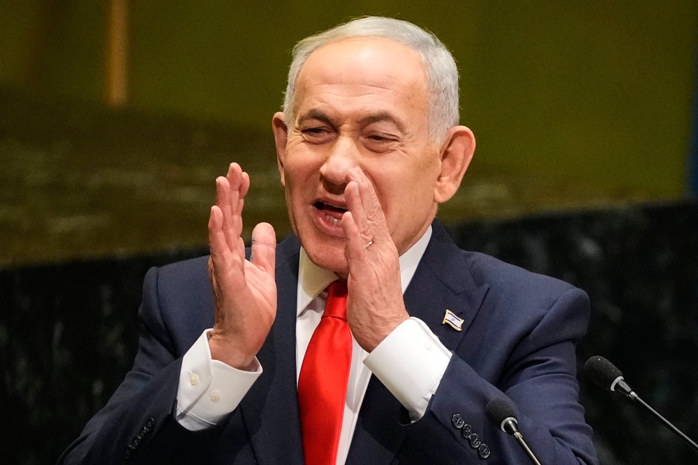 Israeli Prime Minister Benjamin Netanyahu speaks during the United Nations General Assembly at United Nations headquarters (Yuki Iwamura/AP) (AP)