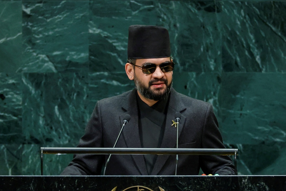 Nepal prime minister Balendra Shah addresses the 81st United Nations General Assembly at UN headquarters in New York City (Reuters)
