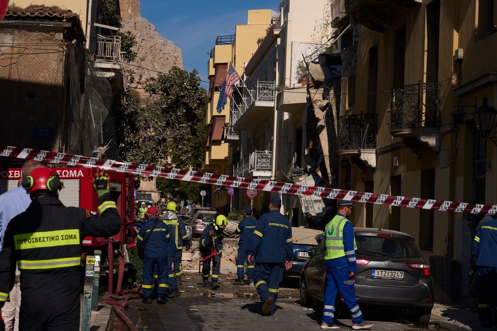 The cause of the blast inside the two-storey property in the Plaka district — located close to famous landmarks such as the Acropolis and the Temple of Zeus — is currently unknown (Associated Press)
